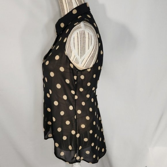 Sans Souci Black w/Tan Dots Button Down Collared Sleeveless Top Size Small - Picture 5 of 11